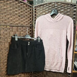 Pink Cowl Neck Sweater and Black Skirt